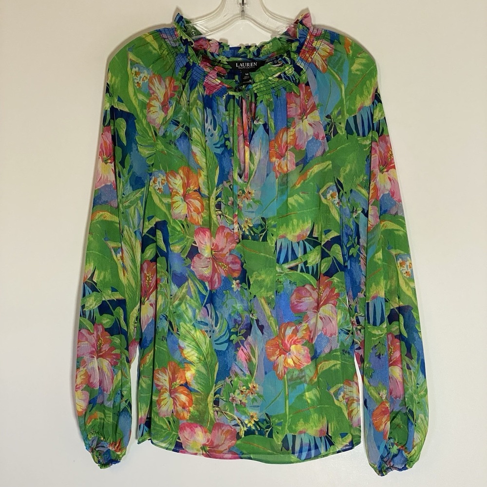 Lauren Ralph Lauren Top Womens Medium Green Multi Georgette Floral Sheer Crinkle